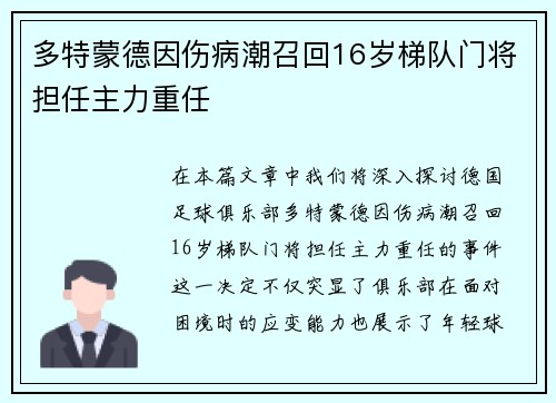 多特蒙德因伤病潮召回16岁梯队门将担任主力重任